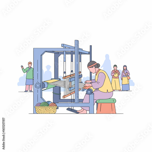 Illustration of a woman in traditional clothing skillfully weaving on a large floor loom with a basket of colorful yarn nearby.