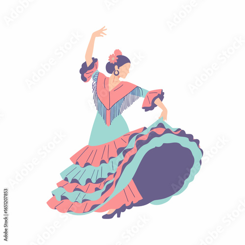 Flat vector illustration of a Spanish dancer in a traditional ruffled dress and fringed shawl.