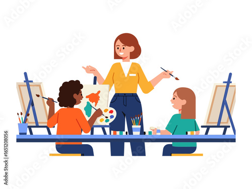 Art Class Harmony: A scene of creativity and collaboration unfolds as an instructor guides young students in an art class, their easels and paint palettes adding color and expression to the scene.