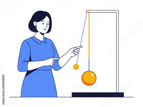 Newton's Cradle experiment: The illustration showcases a scientist observing Newton's cradle, an example of physics principles, using this educational and illustrative image.