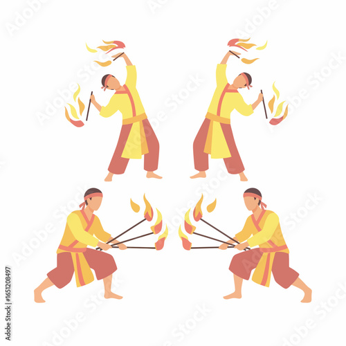 Four Fire-Dancers in Traditional Attire Performing a Fire Show.
