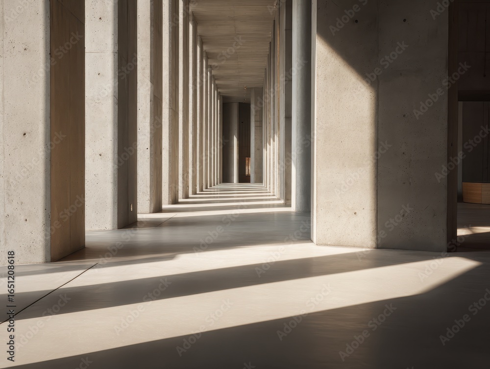 Fototapeta premium Sleek Minimalist Hall: Cement Pillars and Soft Natural Light Shadows