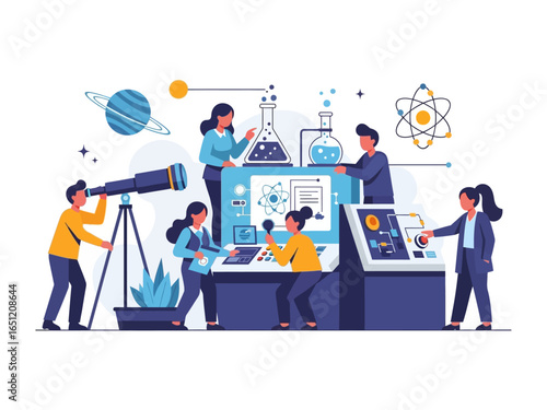 Science Team: Collaborative team of scientists, engrossed in experimentation within a modern laboratory setting, accompanied by advanced equipment, with a focus on exploration and discovery. 