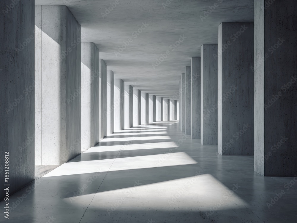 Obraz premium Sleek Minimalist Hall: Cement Pillars and Soft Natural Light Shadows