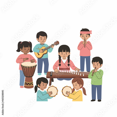 A diverse group of cartoon children happily playing various world musical instruments together.