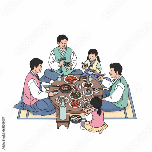 Illustration of a Korean family in traditional hanbok attire sharing a festive meal around a low table.