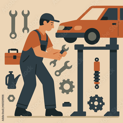 Mechanic working on a car with tools and equipment in a garage setting