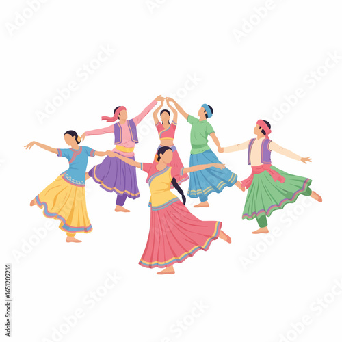 Group of Indian folk dancers in vibrant colorful traditional costumes performing a circle dance.