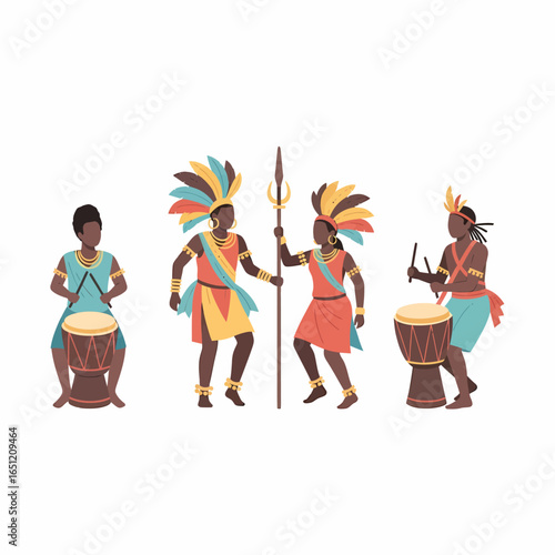 Indigenous People Performing Traditional Music with Drums and Spear.