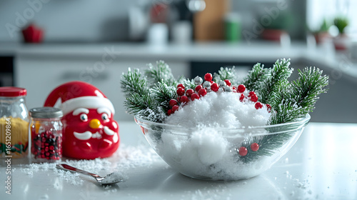 Wallpaper Mural Christmas-themed tabletop setup with Santa figurine, festive bowl, and holiday decorations Torontodigital.ca
