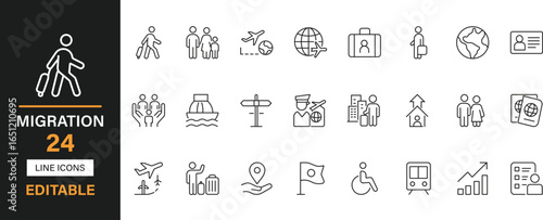 Migration 24 editable line icons set. Immigration, emigration, travel, passport, visa, refugee, border, transfer, movement, etc and solid icons.