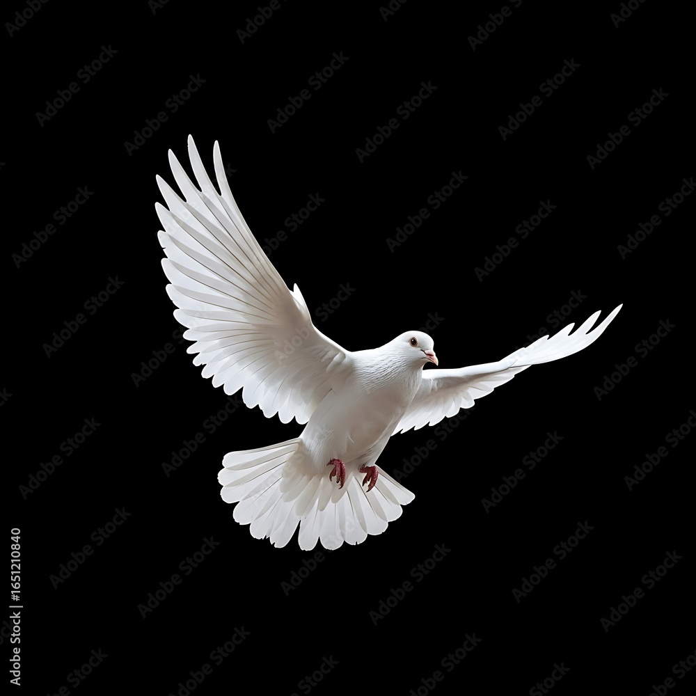 Obraz premium White dove in flight against a black background.