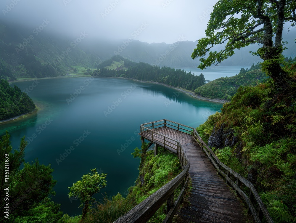 Fototapeta premium Spectacular Volcanic Crater Lake with Verdant Surroundings and Ethereal Mist, Wooden Dock Piercing the Calm Waters.