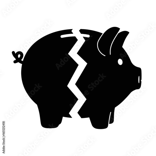 Black piggy bank broken in half symbolizing financial loss and savings  