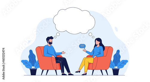 Two people talking in chairs with thought bubbles above their heads