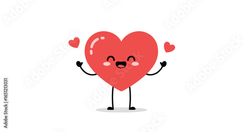 Happy cute red heart character with arms raised and small hearts floating around