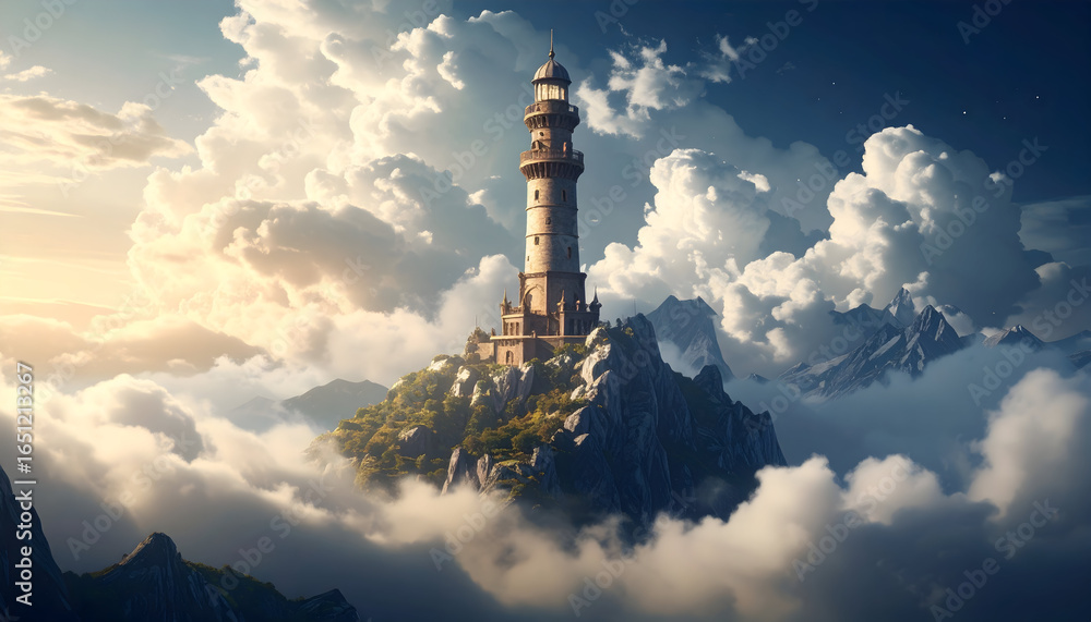 Obraz premium Stone Tower on Rocky Island Amidst Clouds under a Blue Sky with Mountainous Backdrop