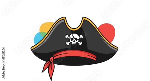 Black pirate hat with skull and crossbones emblem red bandana and colorful balloons