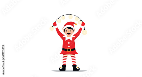 Cheerful elf holding christmas lights overhead celebrating festive holiday season