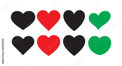 Green black and red heart icon set. Holiday of all lovers. Valentine's Day, simple vector heart love icon. Victor illustration eps10