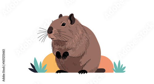 Cute small brown rodent sitting outdoors amongst rocks and grass nature wildlife