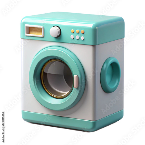 Teal and white cartoon washing machine isolated on a transparent background