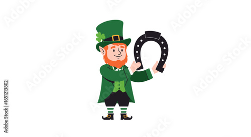 Leprechaun holding a horseshoe for good luck on saint patricks day celebration