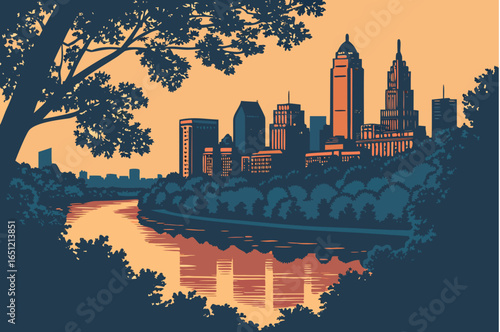 Philadelphia skyline at twilight with the Schuylkill River still and reflective, framed by trees and evening sky gradients, modern flat illustration style.