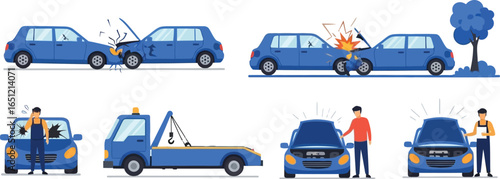 Modular car incident illustrations featuring accidents, breakdowns, repairs, and roadside emergencies—ideal for insurance apps, auto services, and safety education