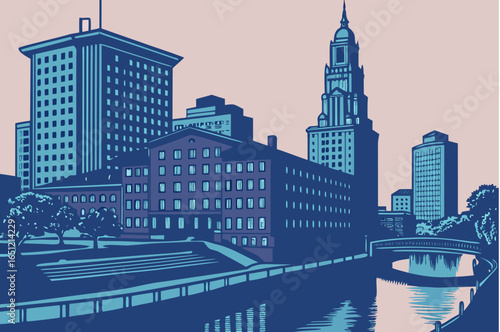 Providence skyline at twilight with the Providence River still and reflective, framed by historic mills and evening sky gradients, modern flat illustration style.