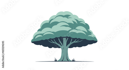 A large tree with a green canopy and visible roots on a white background
