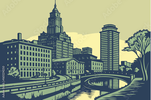 Providence skyline at twilight with the Providence River still and reflective, framed by historic mills and evening sky gradients, modern flat illustration style.