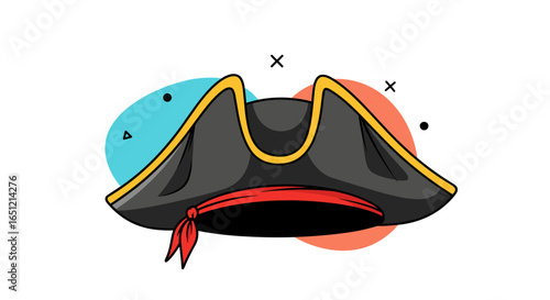 A classic black pirate hat with red band and yellow trim and decorative shapes