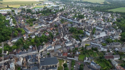 Aerial view around the old town of the city Château-Renault in France on a sunny summer morning