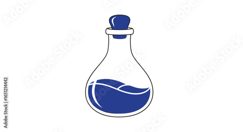 A clear glass flask containing a vibrant blue liquid sealed with a cork stopper