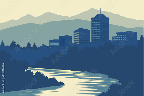 Redding skyline at twilight with the Sacramento River still and reflective, framed by mountains and evening sky gradients, modern flat illustration style.