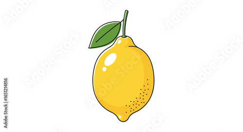 A bright yellow lemon with a green leaf on a white background