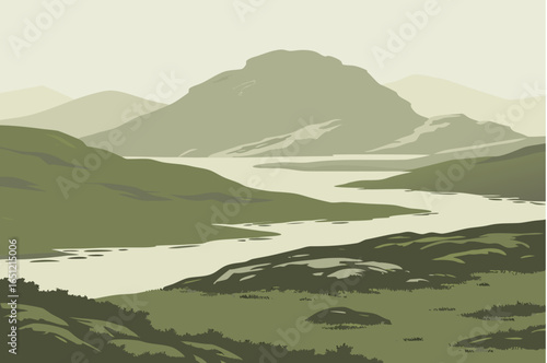 Remote cabin surrounded by northern lights, blending solitude and celestial wonder, modern flat illustration style.