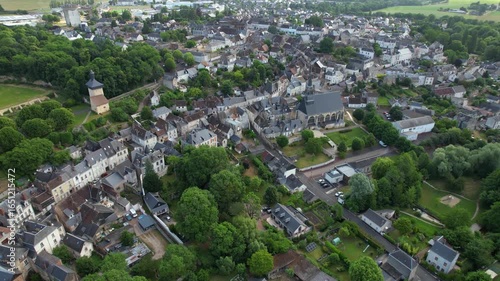 Aerial view around the old town of the city Château-Renault in France on a sunny summer morning