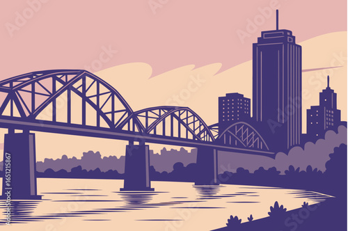 Little Rock skyline at twilight with the Arkansas River still and reflective, framed by bridges and evening sky gradients, modern flat illustration style.