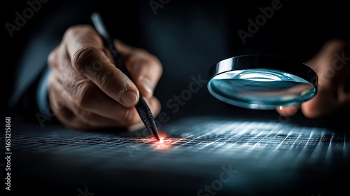 A person's hand holding a pen over a computer keyboard, with a magnifying glass in the background.
