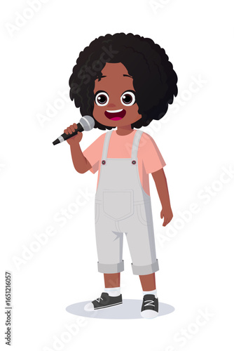 Cartoon Black Girl Singing, speaking with a Microphone Vector Illustration