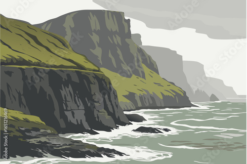 Majestic cliffs of the Faroe Islands, waves pounding the rugged coast