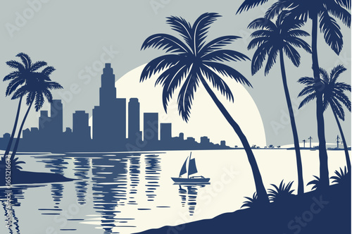 Miami skyline at twilight with Biscayne Bay still and reflective, framed by palm trees and evening sky gradients, modern flat illustration style.