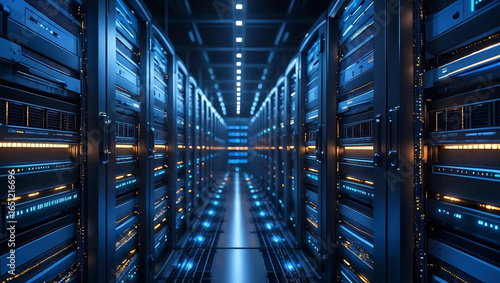Digital Data Center: A long, futuristic corridor reveals the sleek, advanced infrastructure of a modern data center, bathed in cool, electric blue light.