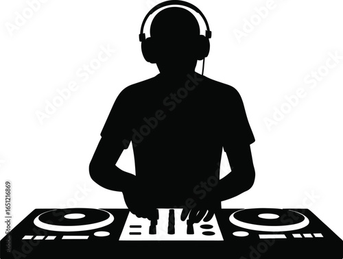 Vector art of silhouette of a dj playing music on turntables and mixer with headphones, isolated on white background