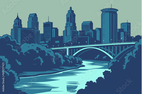 Minneapolis skyline at twilight with the Mississippi River still and reflective, framed by parks and evening sky gradients, modern flat illustration style.