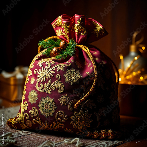 A vibrant Christmas sack adorned with intricate golden details, presented in natural earth tones, using high contrast low-key lighting, emphasizing deep shadows and a dramatic effect