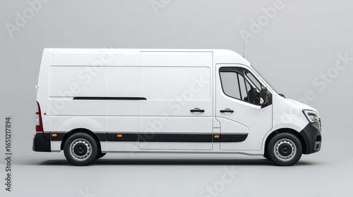 A spacious white delivery van stands still against a light gray backdrop in a professional studio environment. The van showcases a streamlined design for efficient transportation