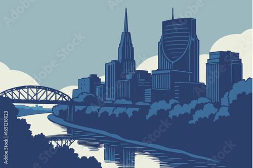 Nashville skyline at twilight with the Cumberland River still and reflective, framed by rolling hills and evening sky gradients, modern flat illustration style.
